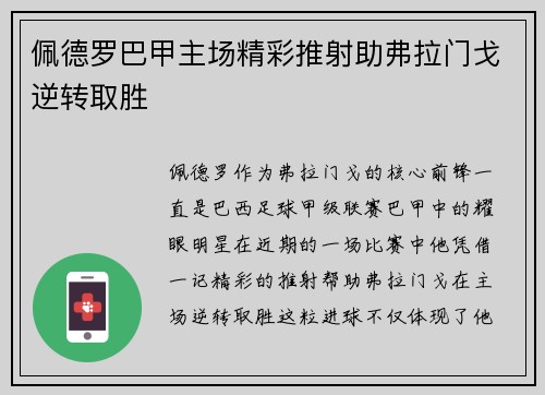 佩德罗巴甲主场精彩推射助弗拉门戈逆转取胜 佩德罗巴甲主场精彩推射助弗拉门戈逆转取胜